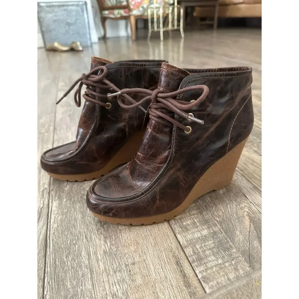 Michael Kors Women's Brown Leather Lace Up Wedge Ankle Booties Size 7.5